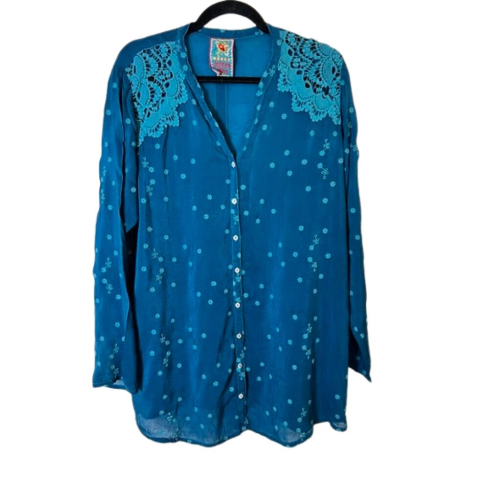 Johnny Was Embroidered Lace Tunic Blouse Teal Size L Boho Button Down (Flaws)